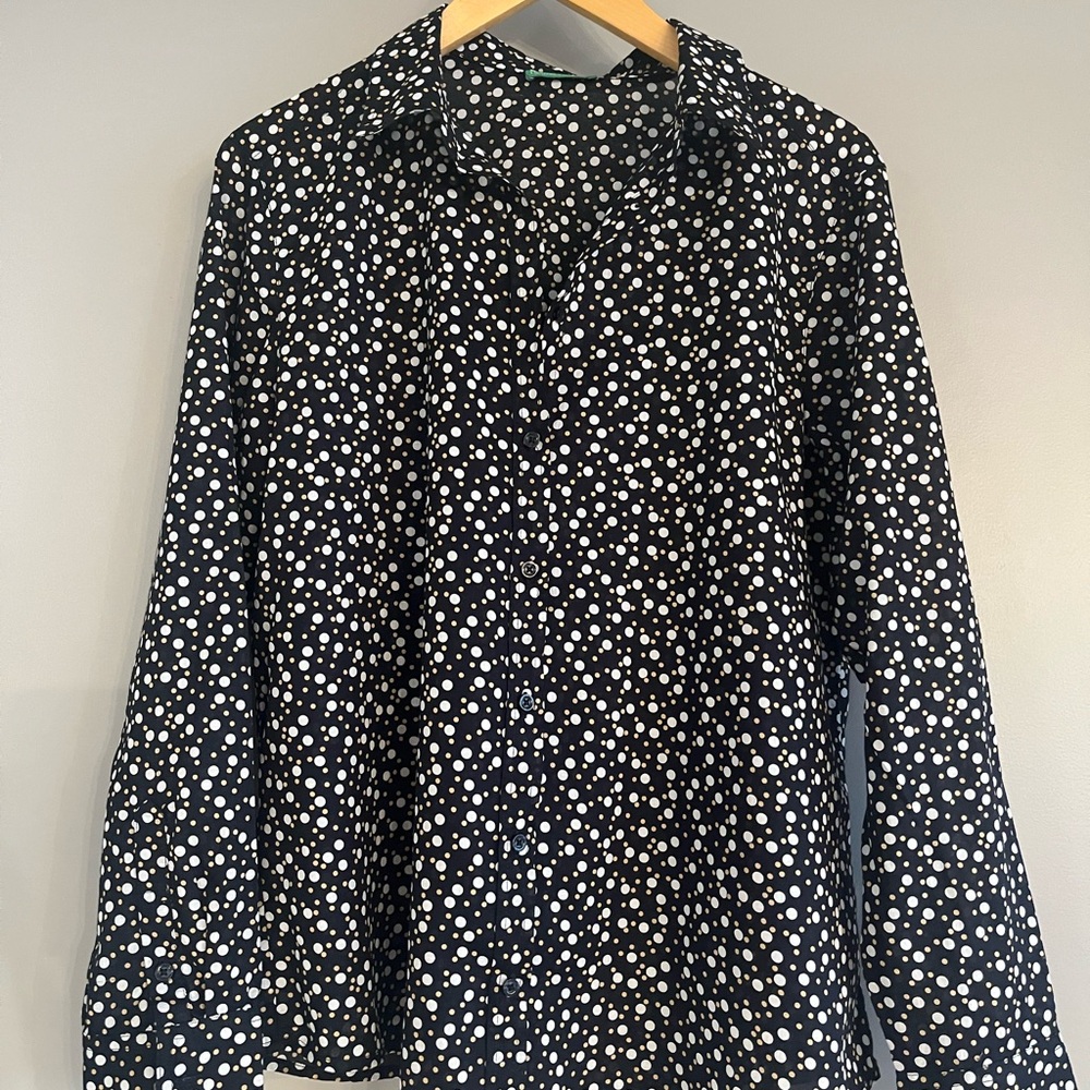 United Colors Of Benetton Cotton Black Blouse with White and Cream Dots